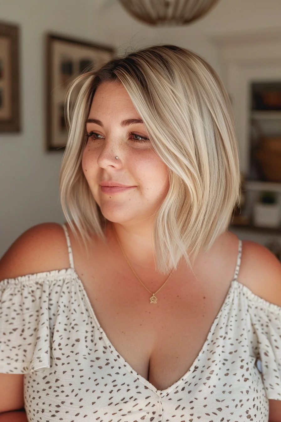 A sleek bob with a slight wave gives a chic, modern look. The blonde balayage with darker roots provides depth and contrast, enhancing the overall appeal. This hairstyle frames the face beautifully, adding a touch of sophistication to the appearance.