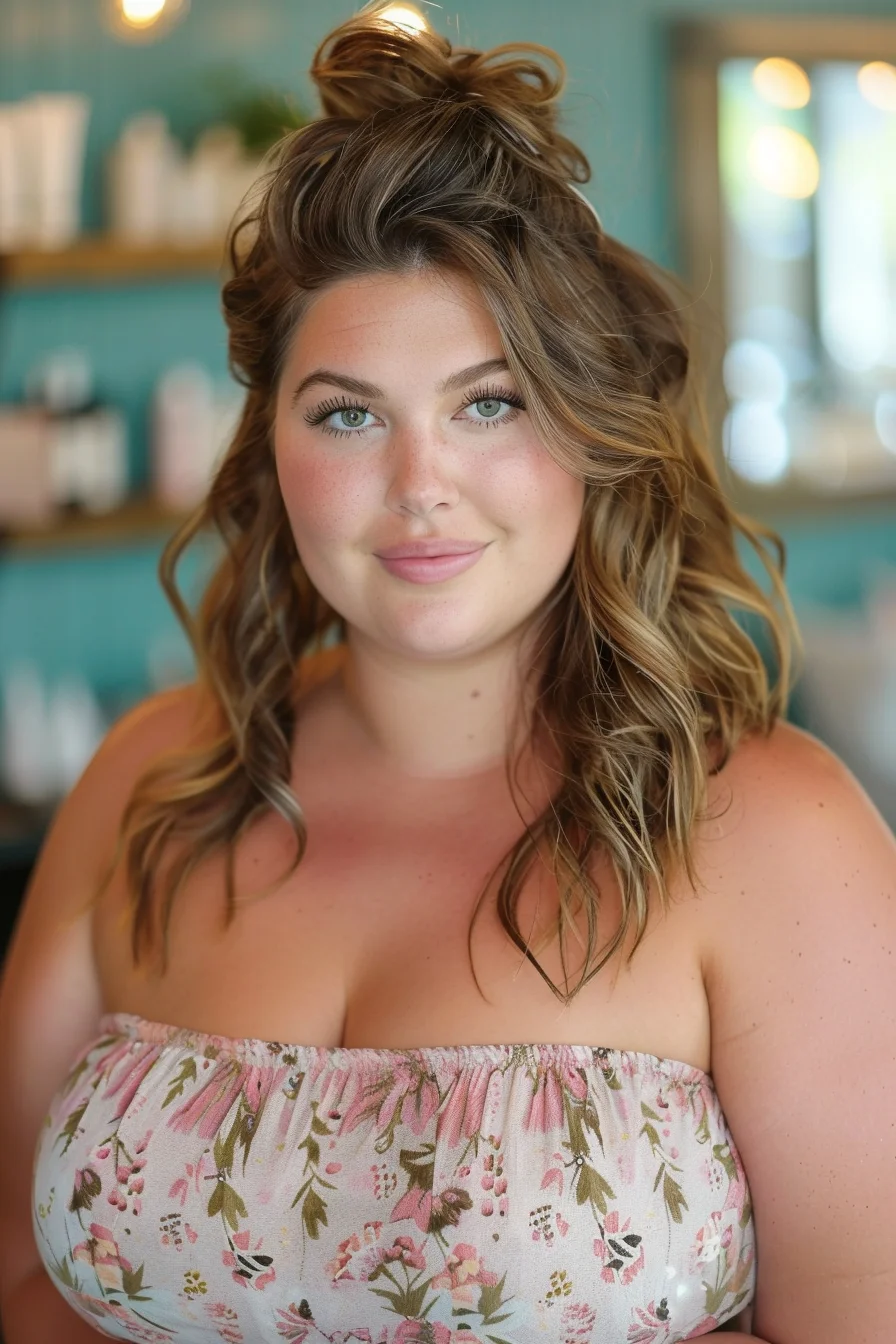 A half-up, half-down style with loose curls adds a playful yet elegant touch. The warm brown hair with golden highlights enhances the natural glow of the skin. This hairstyle is perfect for drawing attention to the upper part of the face, creating a balanced look.