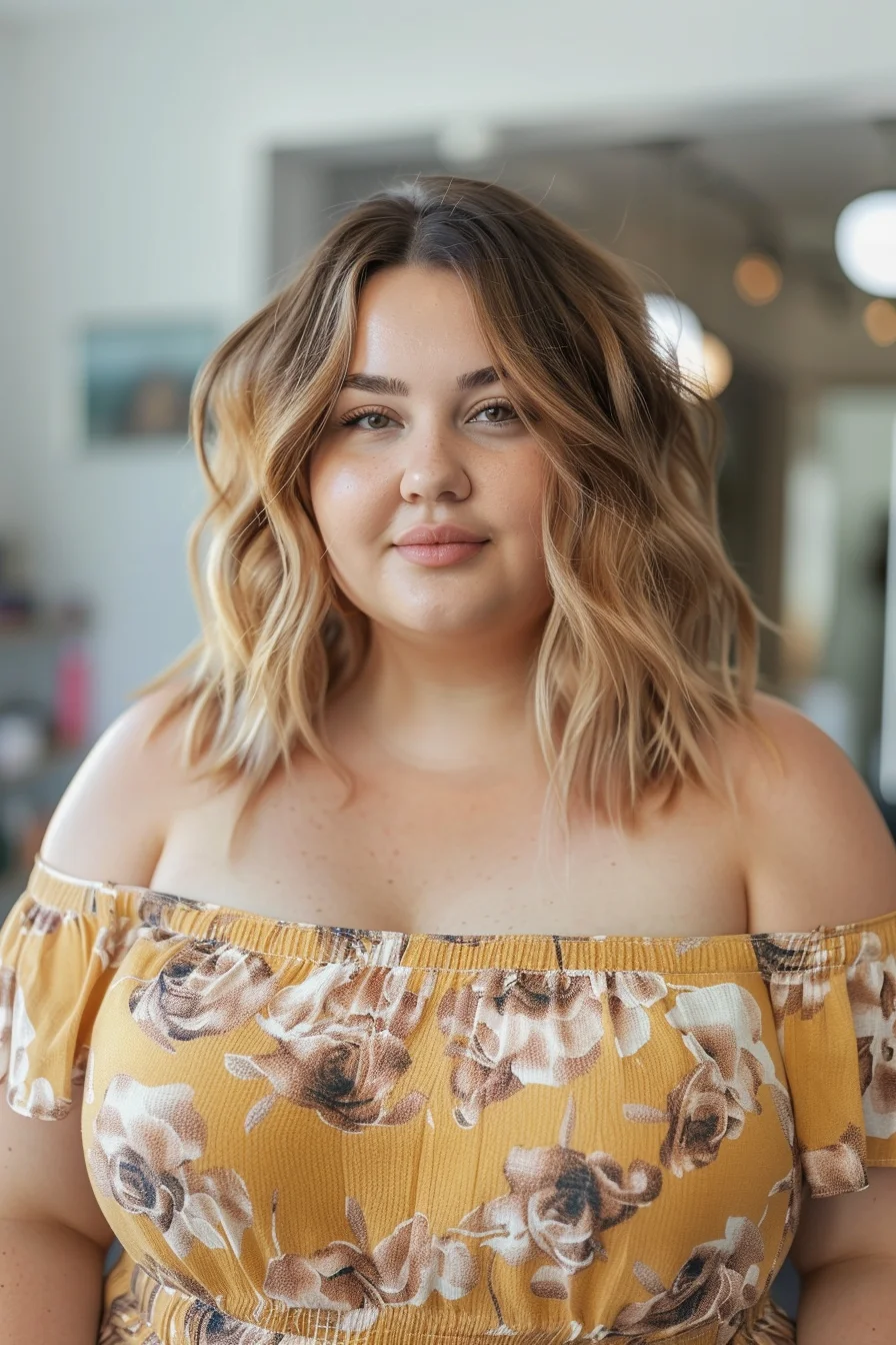 An off-the-shoulder look with soft waves frames the face beautifully. The honey blonde color with darker undertones adds warmth and dimension. This hairstyle is ideal for highlighting the collarbone and shoulders, giving a feminine and graceful appearance.