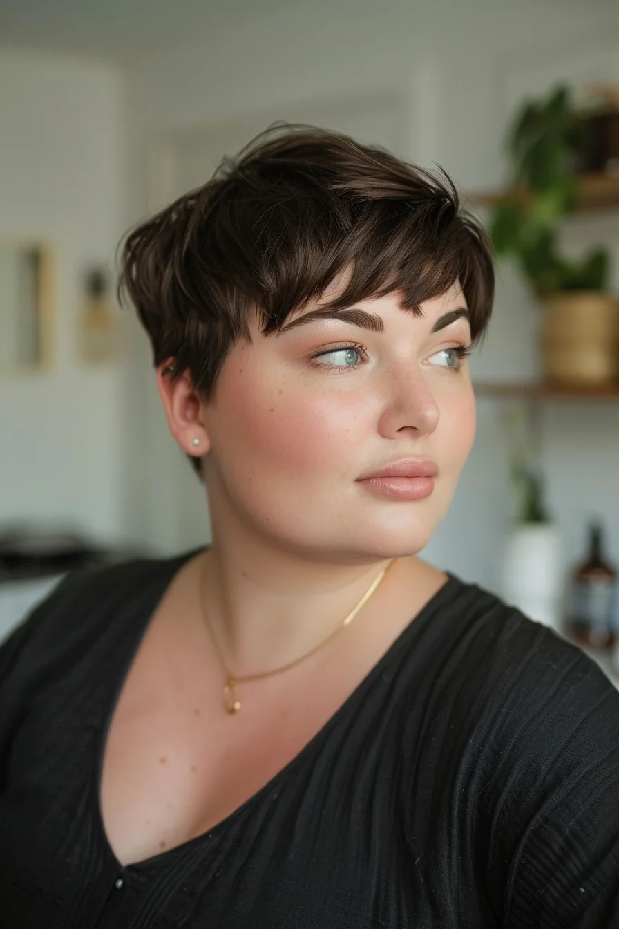 A short pixie cut with a tousled finish provides a trendy and edgy look. The dark brunette color adds depth and intensity, making the eyes stand out. This hairstyle is low-maintenance and perfect for showcasing strong facial features and a confident personality.