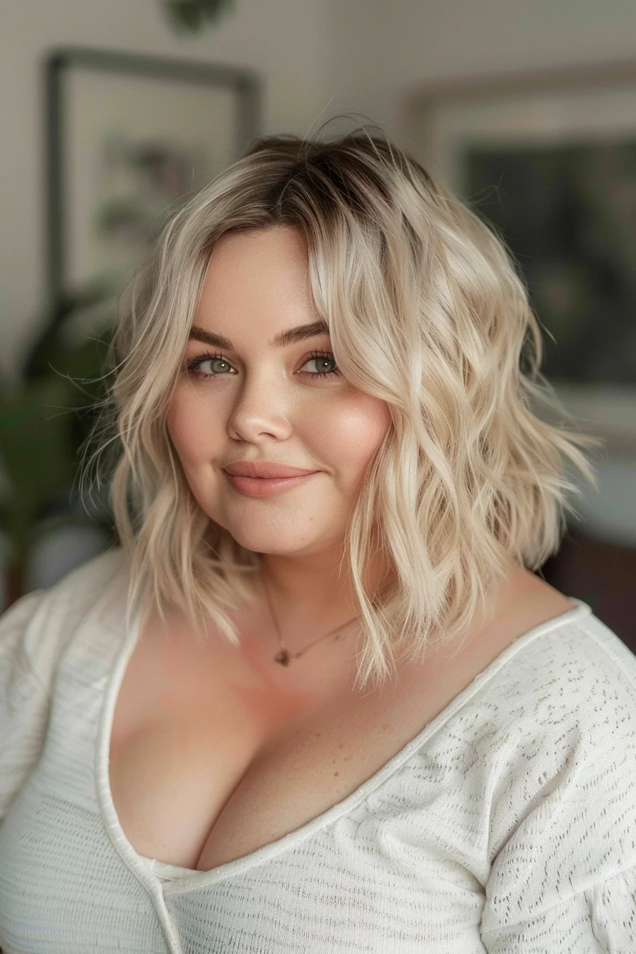 A shoulder-length bob with loose waves adds a touch of effortless style. The platinum blonde color with a shadow root creates a modern and fresh look. This hairstyle is great for adding volume and movement, making the face appear more elongated and balanced.
