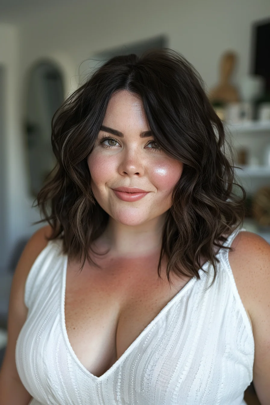 Medium-length waves with a slight curl add a soft and romantic touch. The rich, dark brown color enhances the natural complexion and makes the eyes pop. This hairstyle is perfect for adding volume and movement, giving a balanced and harmonious look.