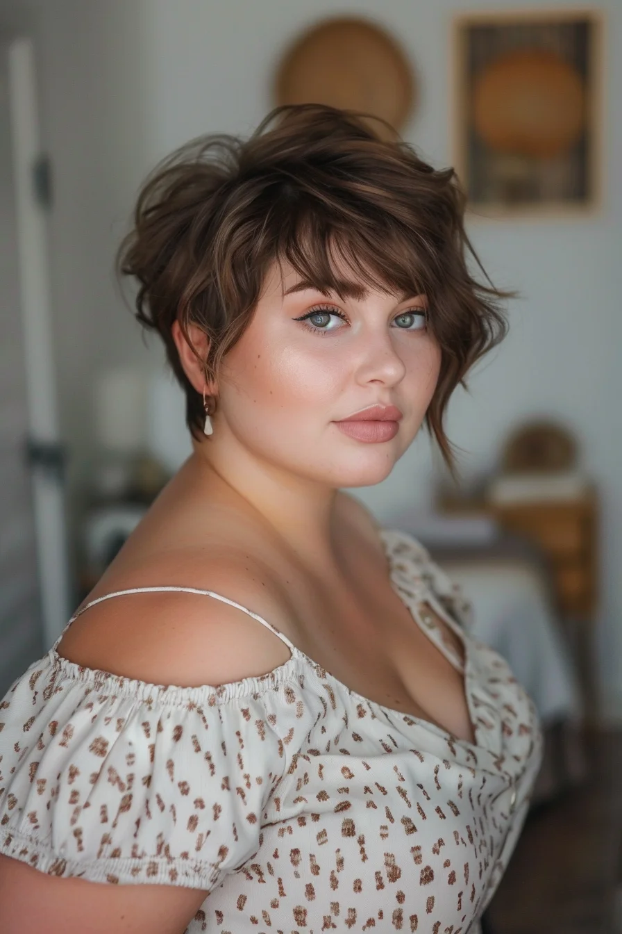 A chic, tousled bob with soft waves creates a relaxed and stylish appearance. The warm blonde color with subtle highlights adds depth and dimension. This hairstyle is great for framing the face and highlighting the natural beauty of the features.