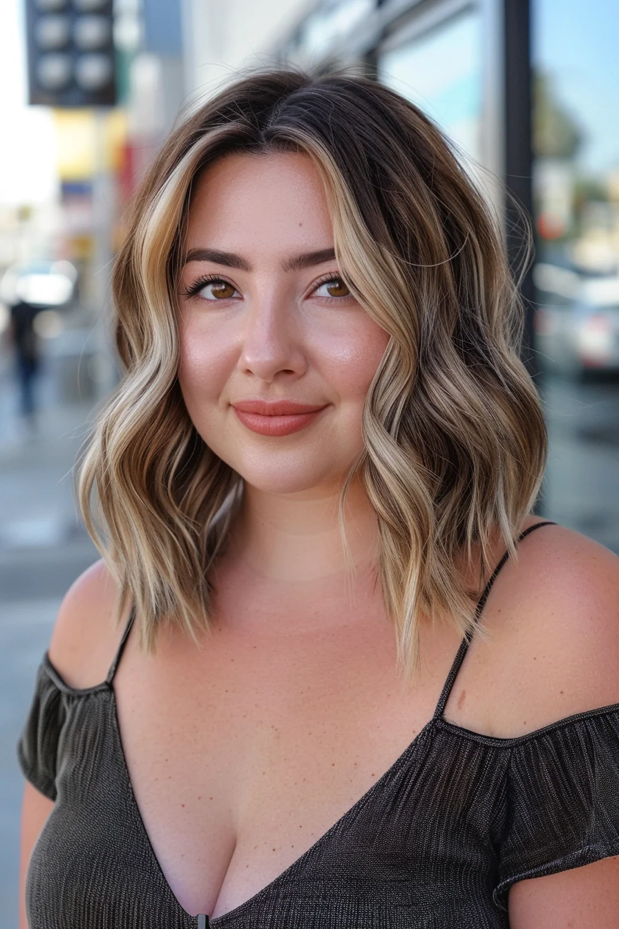 A classic wavy bob with subtle layers gives this hairstyle a full-bodied look. The balayage technique used here transitions from a dark brown base to lighter, golden tips, adding brightness around the face. The waves provide a soft, romantic feel.
