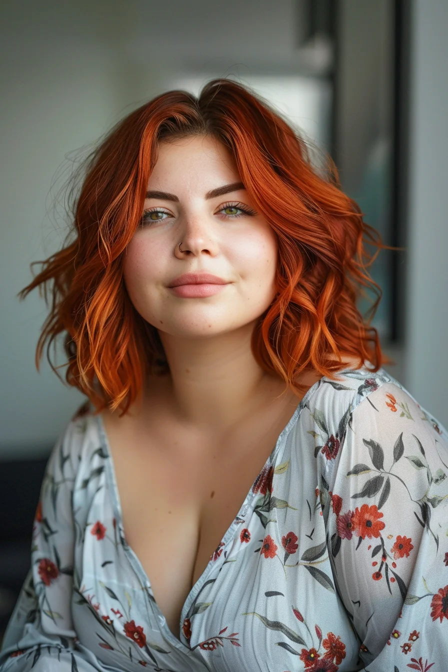 A fiery red bob with loose waves creates a bold and striking look. The vibrant color adds personality and flair, drawing attention to the face. This hairstyle is perfect for making a statement and showcasing a confident, adventurous spirit. ​