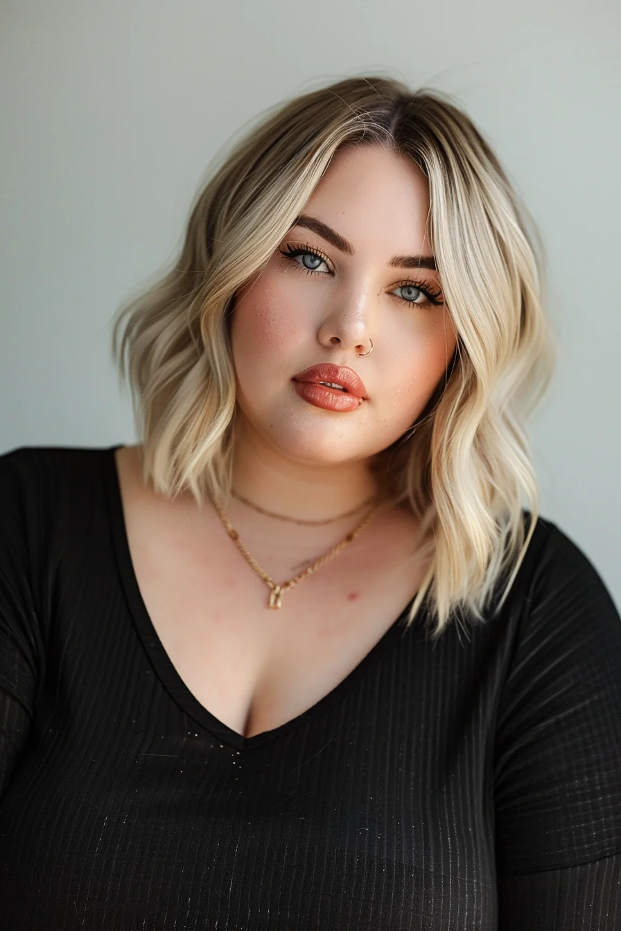 A sleek, chin-length bob with subtle waves exudes sophistication. The platinum blonde color with darker roots adds contrast and interest. This hairstyle creates a sharp, clean silhouette that complements a fuller face, emphasizing the jawline and cheekbones.