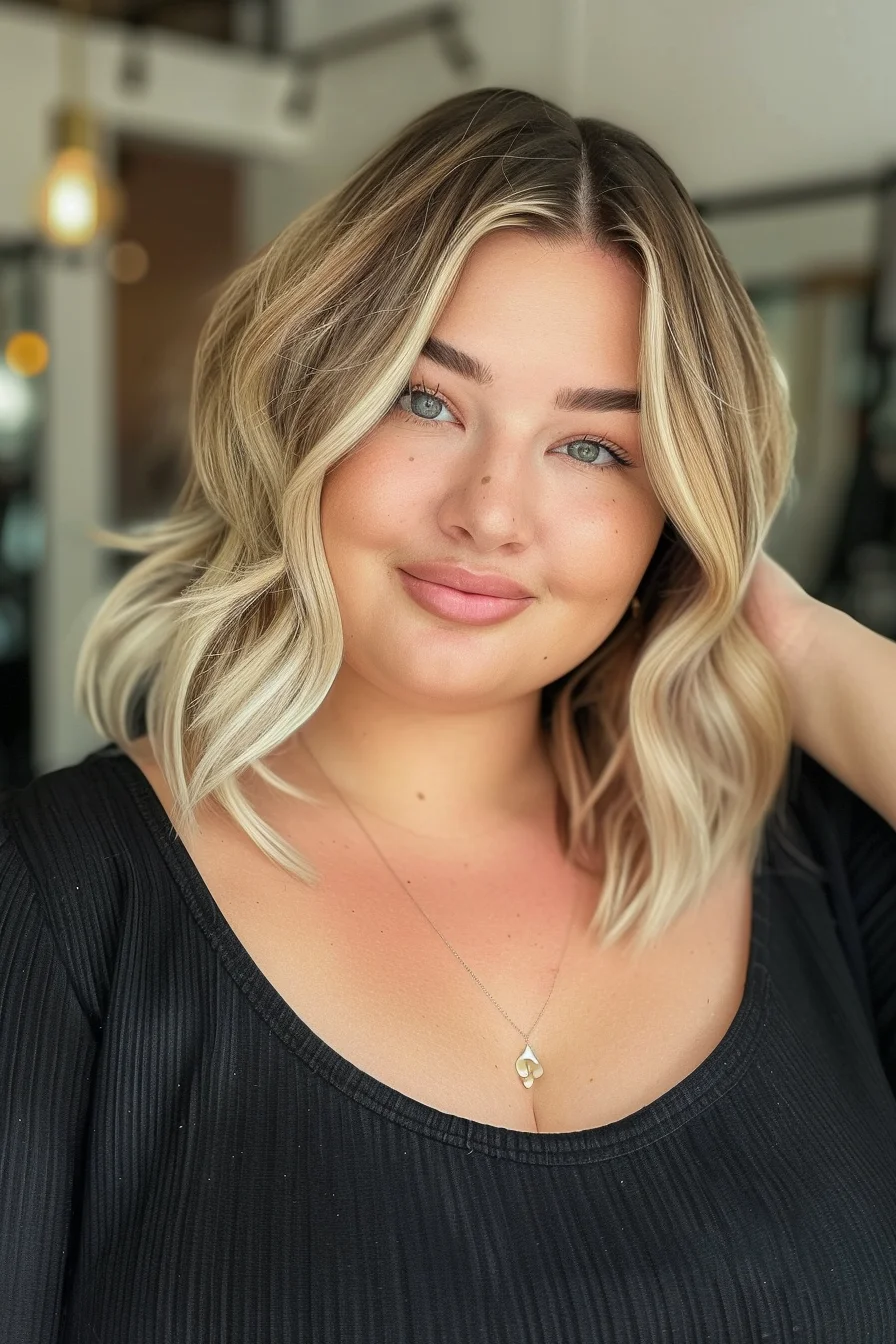 Loose, shoulder-length waves with a side part create a soft, romantic look. The balayage blend of light and dark blonde adds dimension and a natural sun-kissed effect. This hairstyle is perfect for adding volume and movement, enhancing the face's natural beauty.