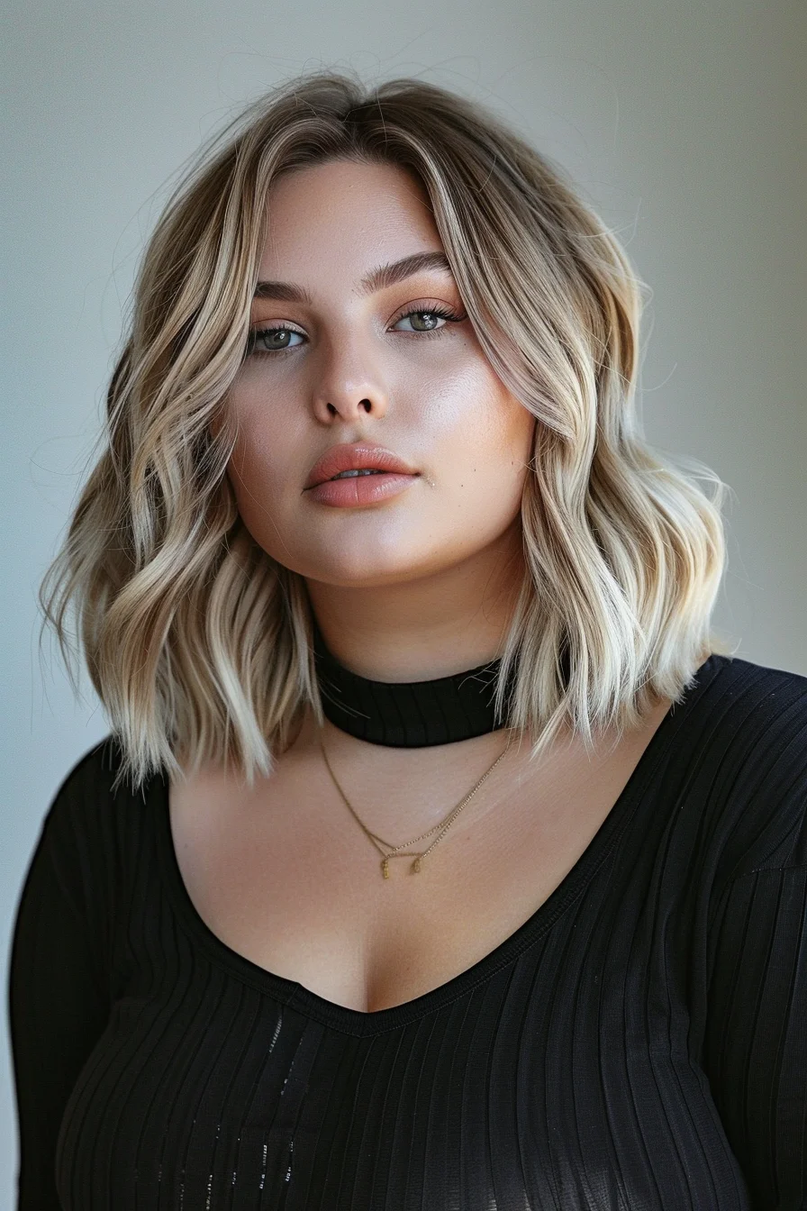A mid-length wavy bob with a center part provides a balanced, symmetrical look. The light blonde color with ashy undertones adds a cool, modern vibe. This hairstyle is ideal for framing the face and adding a touch of elegance and sophistication.