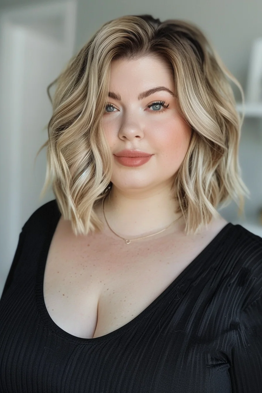 A wavy, shoulder-length bob with soft layers offers a versatile and stylish option. The golden blonde color with lighter highlights adds warmth and brightness. This hairstyle enhances the natural texture and volume, creating a flattering frame for the face.