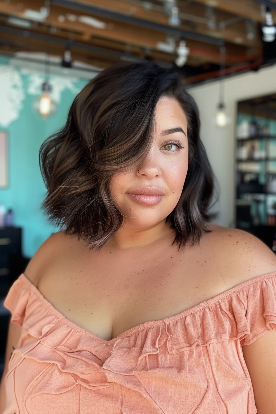 A chin-length bob with soft waves and a deep side part creates a dramatic and chic look. The rich brunette color with subtle highlights adds depth and shine. This hairstyle is perfect for enhancing facial features and providing a sleek, polished appearance.