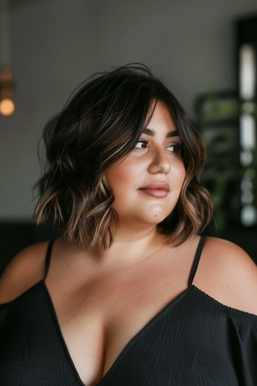 A wavy, shoulder-length bob with soft layers and a side part offers a sophisticated and elegant style. The dark brown base with caramel highlights adds warmth and dimension. This hairstyle beautifully frames the face, accentuating the eyes and cheekbones.