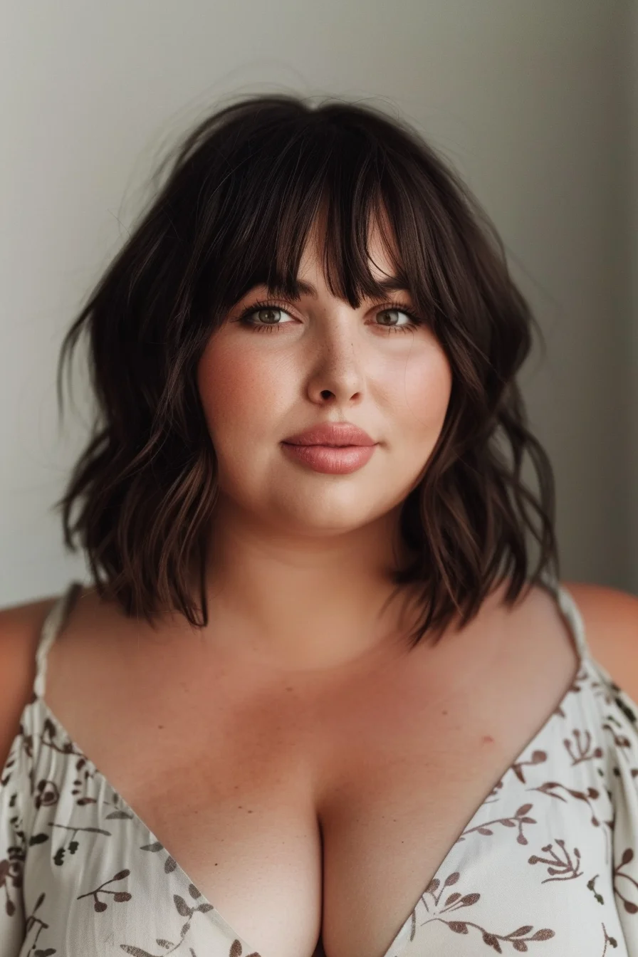 A wavy bob with blunt bangs adds a playful yet sophisticated touch. The dark chocolate brown color enhances the hair's natural shine and provides a rich, deep look. This hairstyle is perfect for drawing attention to the eyes and balancing a fuller face.