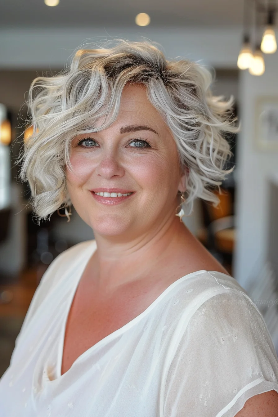 A curly, asymmetrical bob offers a fun and edgy style. The silver-gray color with dark roots adds a modern twist. This hairstyle is perfect for adding texture and volume, creating a unique and flattering look for fuller faces.