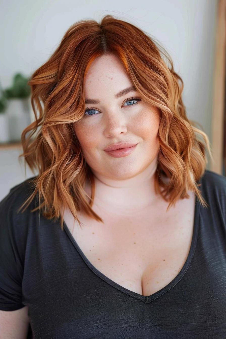 Bright auburn waves cascade in a shoulder-length cut, with soft curls adding texture and fullness. The rich, vibrant red tones highlight the complexion, while the middle part and face-framing layers accentuate the natural beauty of fuller faces.