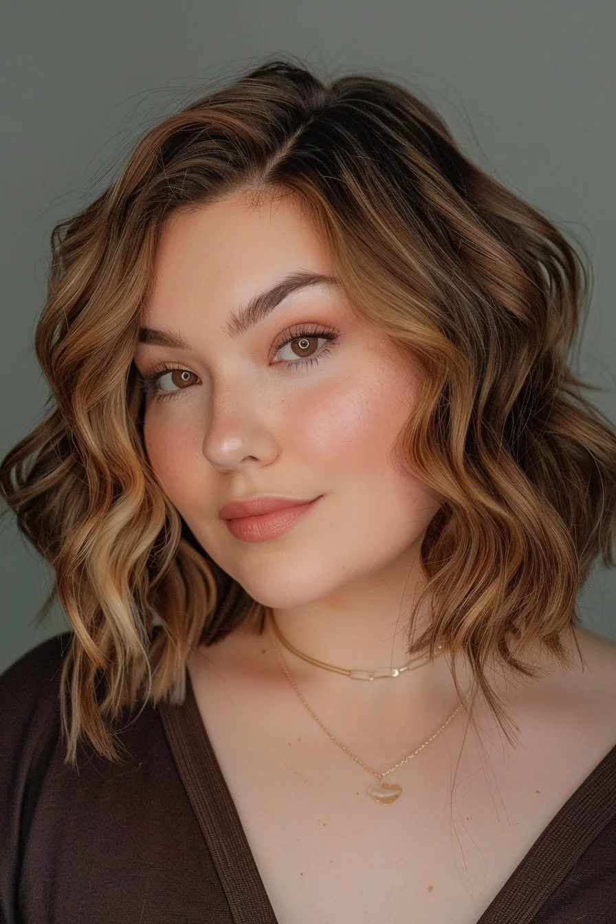 A shoulder-length bob with loose waves provides a timeless and elegant look. The honey blonde color with lighter highlights adds a warm, sun-kissed effect. This hairstyle is ideal for enhancing natural features and adding a touch of sophistication to the appearance.