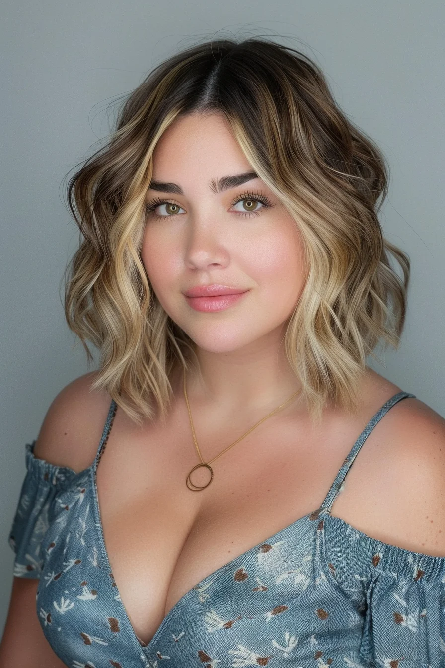 A wavy bob with a mixture of light and dark blonde highlights creates a sun-kissed appearance. The gentle waves add volume and movement, while the layers are cut to frame the face beautifully, enhancing the natural curves of a fuller face.