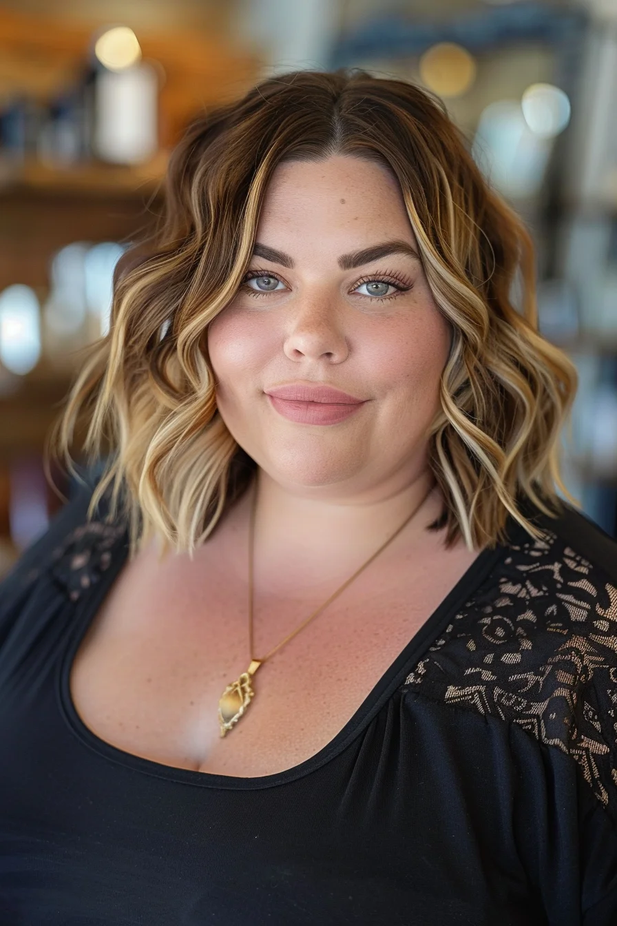 Loose waves in a shoulder-length cut create a soft and feminine look. The deep brown base is complemented by lighter blonde highlights, adding dimension and a natural glow. The textured waves help to balance the proportions of the face.