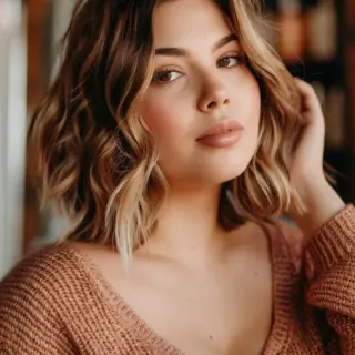 An elegant wavy bob with soft curls provides a classic look. The mix of light brown and blonde highlights adds depth and brightness, while the layers create movement and enhance the natural volume, making it ideal for fuller face shapes.
