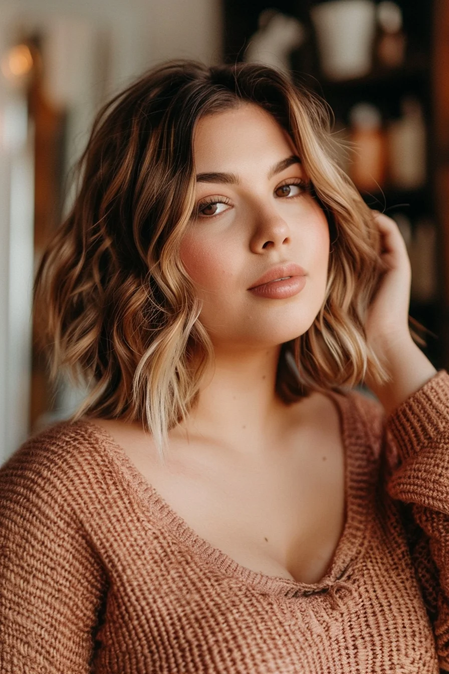 An elegant wavy bob with soft curls provides a classic look. The mix of light brown and blonde highlights adds depth and brightness, while the layers create movement and enhance the natural volume, making it ideal for fuller face shapes.