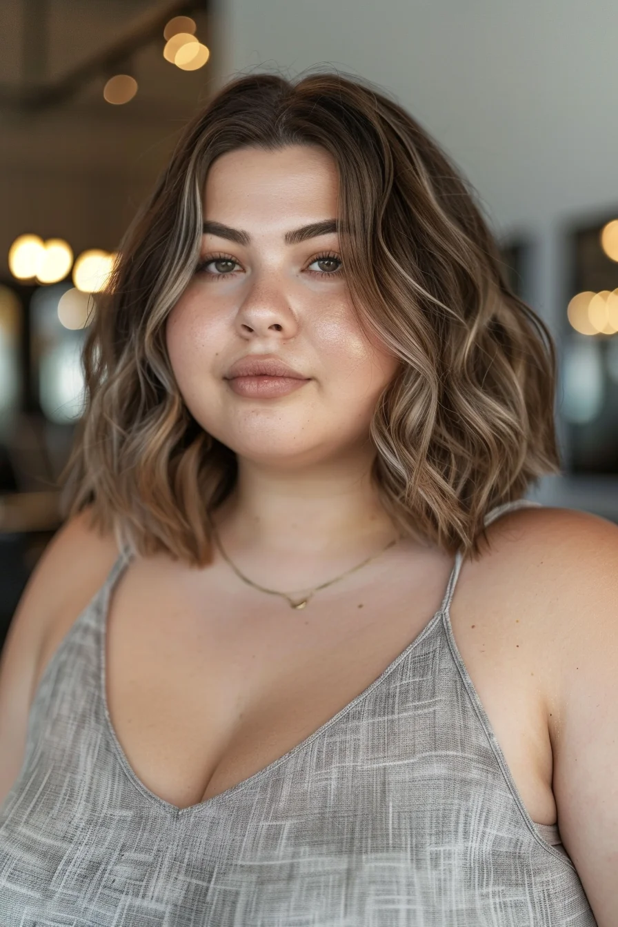 Wavy shoulder-length hair with a soft, tousled texture gives a laid-back yet chic look. The blend of brunette and subtle blonde highlights creates a natural, sun-kissed effect. The waves add volume and help to frame the face beautifully.
