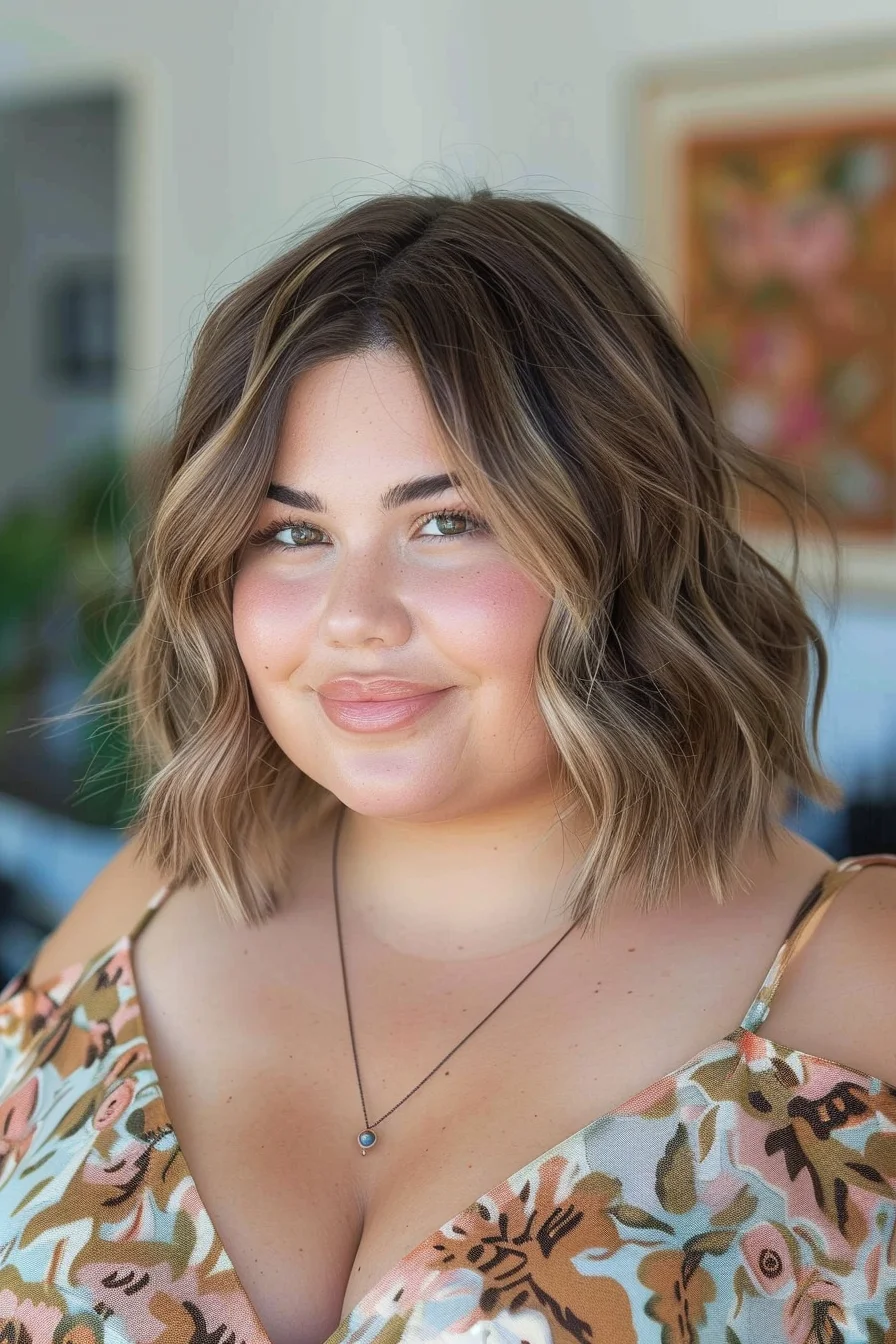 A wavy lob with ashy blonde highlights adds a modern touch. The waves create volume and movement, while the middle part and longer length in the front elongate the face. The ashy tones complement a variety of skin tones, making this a versatile style.