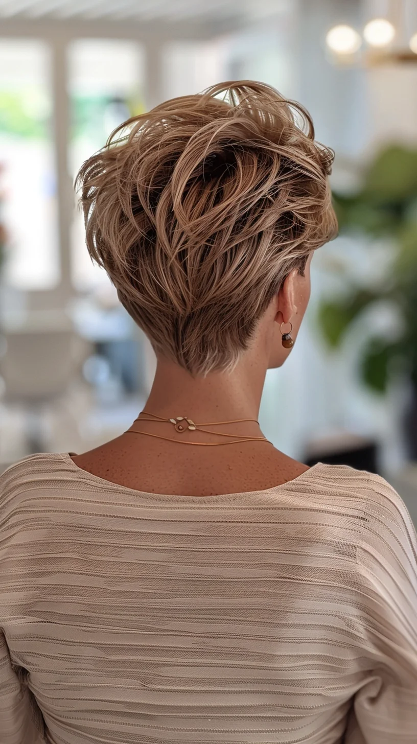 The voluminous, tousled look of this angled pixie cut features light blonde highlights adding dimension. With a neatly tapered back accentuating the nape and longer top layers creating a chic, wind-swept appearance, this cut embodies a dynamic, modern style.