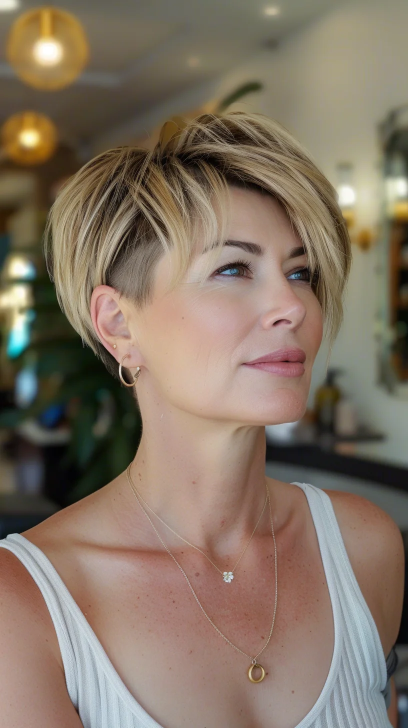 Soft, warm blonde hues characterize this angled pixie cut, which features a subtle undercut. The longer layers on top are styled for volume and texture, creating a stylish and effortless look. This versatile cut is perfect for both casual and formal settings. 