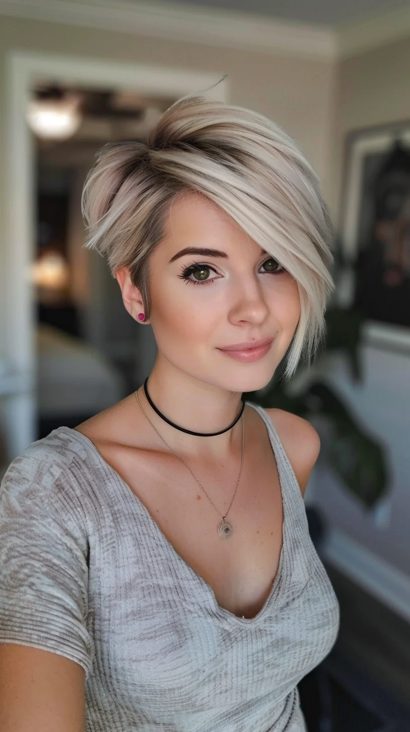 This platinum blonde angled pixie cut is styled with a deep side part, creating a voluminous effect at the top. The layers add texture and movement, while the sides are neatly tapered, highlighting the sharp contrast between lengths. The color is a striking icy blonde, adding a chic and modern touch to the overall look.