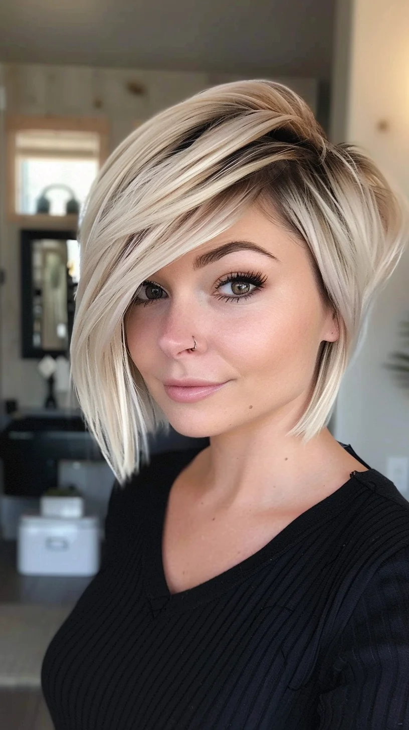 A classic platinum blonde angled pixie with a side-swept bang. The haircut features longer layers on top that gradually shorten towards the nape, creating a sleek and sophisticated appearance. The bright blonde hue adds a youthful and vibrant flair to the style, perfect for those seeking a bold yet elegant look.