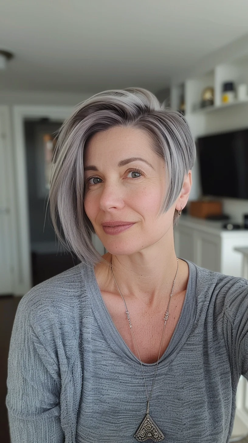 A sleek, angled pixie cut with a soft silver hue. The hairstyle boasts a deep side part and longer layers on top that seamlessly blend into shorter layers at the back. The metallic gray color adds a modern twist, making it a perfect choice for a chic, polished look.