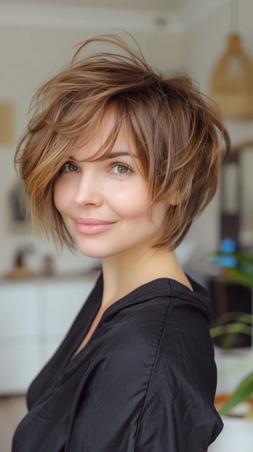 Tousled and textured, this brunette angled pixie cut features choppy layers that add volume and movement. The rich brown color enhances the depth of the style, while the longer top layers create a playful and casual vibe. It's an effortlessly stylish look that is easy to maintain and versatile for various occasions.