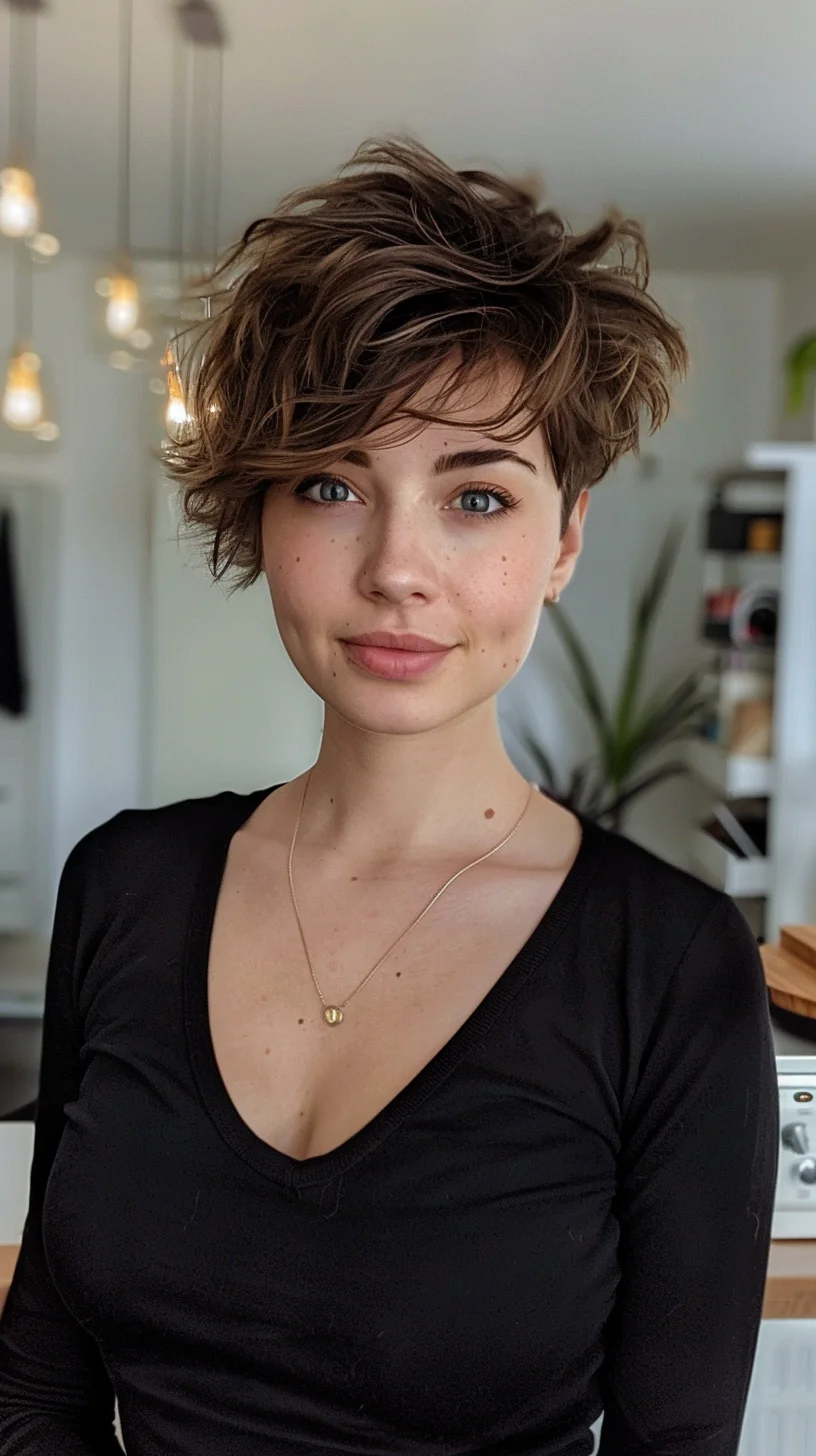 This pixie cut is characterized by its soft, tousled waves and a warm, chestnut brown color. The haircut has a slightly longer length on top, which adds volume and texture, while the back is neatly tapered. The natural brown shade enhances the relaxed, casual feel of the style, perfect for a laid-back yet stylish appearance.
