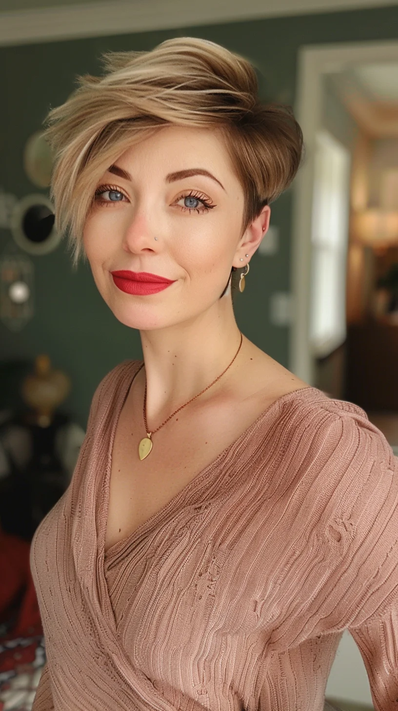 An edgy, voluminous pixie cut with rich, chocolate brown color. The haircut features an abundance of layers, creating a dynamic and full-bodied look. The slightly longer fringe adds a touch of softness to the edgy style, making it a bold yet feminine choice for those seeking a standout hairstyle.