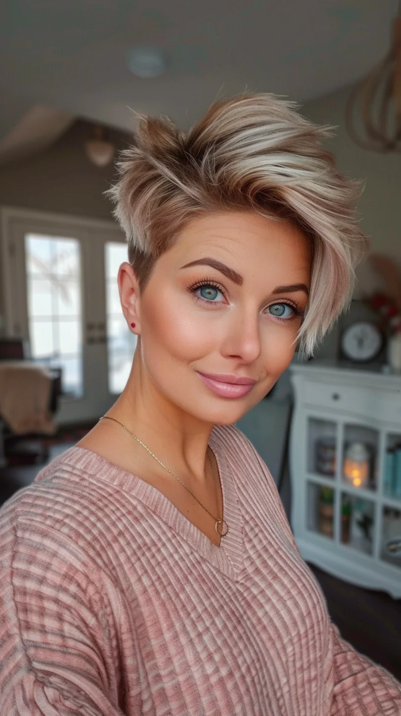 A stylish and contemporary angled pixie cut with a light ash blonde color. The haircut features a deep side part and longer layers on top that create volume and texture. The sides and back are neatly tapered, providing a sleek and polished finish that enhances the overall modern aesthetic.
