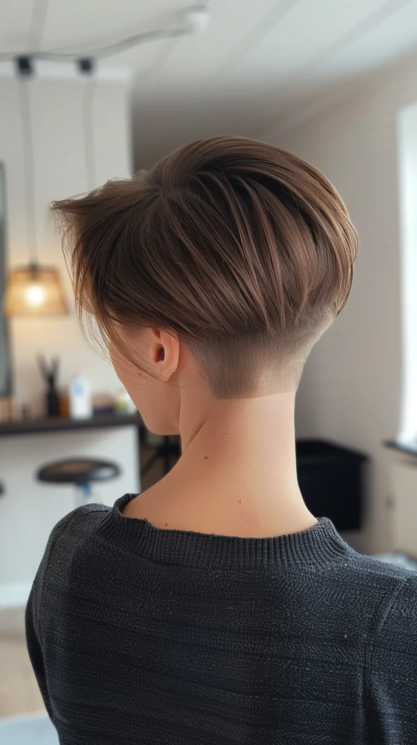 Sleek and straight, this angled pixie showcases a dramatic undercut. The hair is a rich, warm brown, and the sharp contrast between the longer top and the closely shaved nape creates a bold, contemporary look. This style is perfect for those seeking an edgy yet polished appearance.