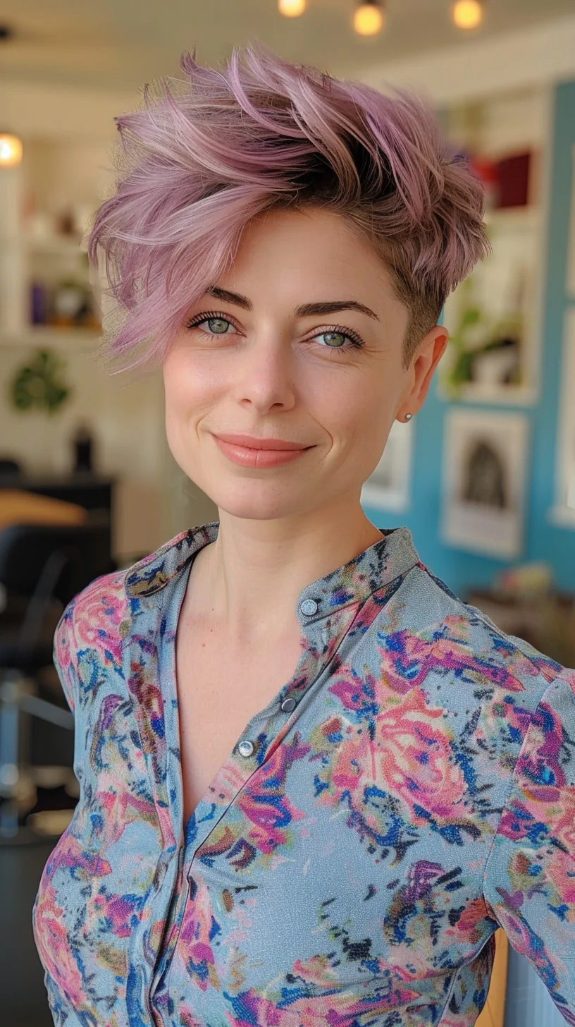 A striking angled pixie cut with a bold, platinum blonde color. This hairstyle features a deep side part and longer layers on one side, creating a dramatic and asymmetrical look. The clean, tapered back adds to the sleekness of the style, making it a chic and eye-catching choice for those who love to stand out.