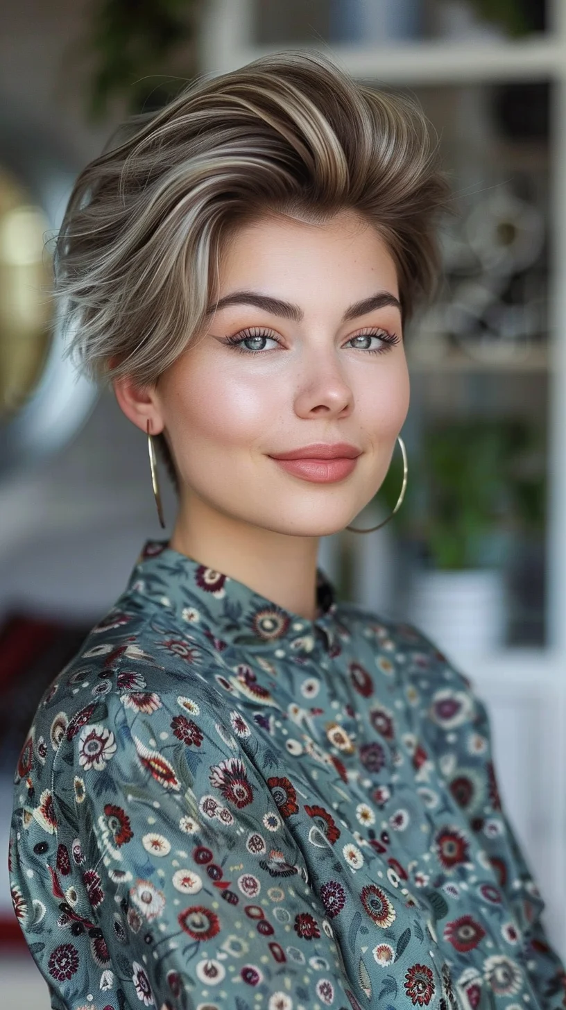 This unique angled pixie cut features a pastel lavender hue that adds a fun and whimsical touch. The haircut has voluminous layers on top, with a deep side part creating a dramatic effect. The soft purple color complements the playful style, making it perfect for those looking to experiment with their hair color.