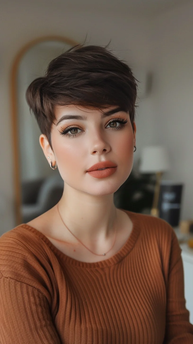 This dark brown angled pixie cut is styled with subtle layers, creating a sleek and polished look, enhancing the model's sophisticated appearance.