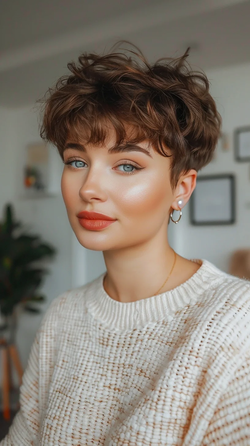 Showcasing a curly angled pixie cut, this hairstyle has a warm brunette color and soft bangs, adding a youthful and lively touch.
