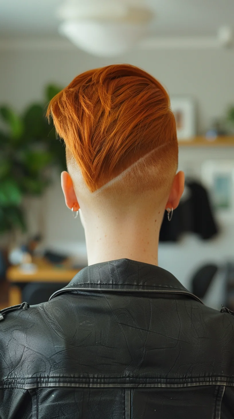 Bright and bold, this fiery red angled pixie cut features a sharp undercut. The longer top layers are styled to add volume and texture, creating a striking contrast with the shaved lower section. This vibrant, edgy cut is ideal for making a strong style statement.