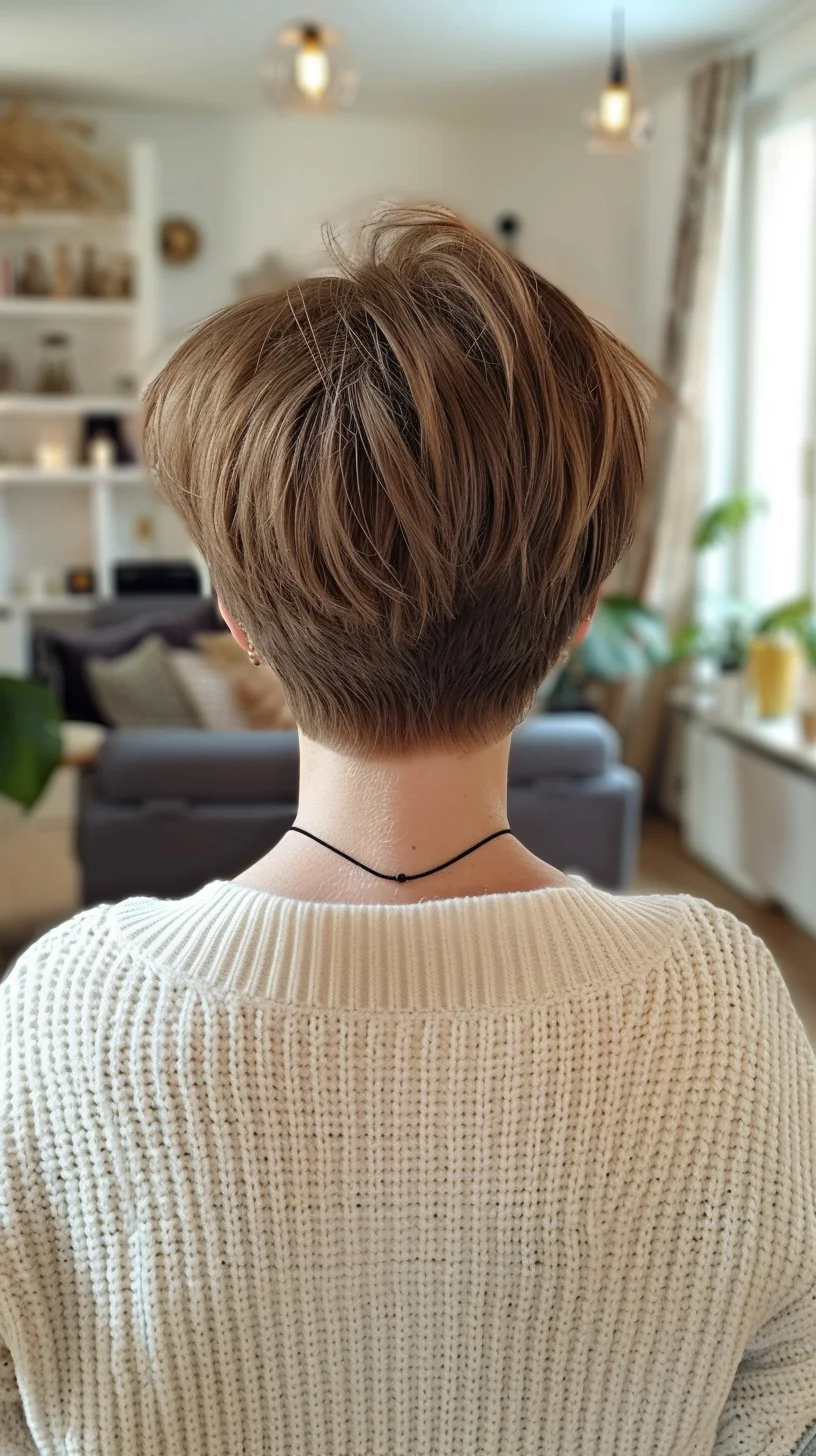 Soft and textured, this angled pixie cut in a warm brown shade features gently layered hair that adds natural volume. The back is subtly tapered, enhancing the overall softness and femininity of the style. This cut offers a delicate yet contemporary look, perfect for everyday wear.