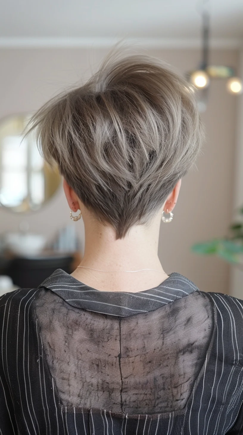 Modern and stylish, this angled pixie features a cool, ashy blonde color with a neatly tapered back. The top layers are left longer and slightly tousled, creating a voluminous and dynamic effect. This sophisticated hairstyle is great for a polished yet relaxed appearance.