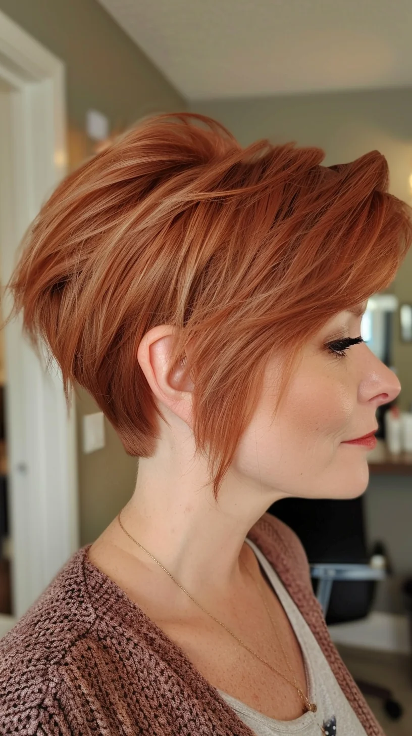 Rich copper tones characterize this angled pixie cut, which features textured layers for added volume and movement. The back is neatly tapered, while the longer top layers provide a soft, feminine touch. This vibrant cut offers a perfect balance between bold and elegant.