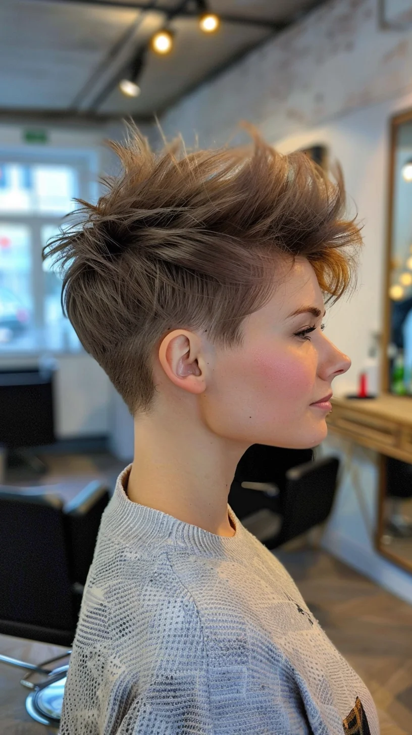 This edgy pixie cut features a bold undercut with the top layers styled in a messy, voluminous fashion. The cool ash-brown color adds to the modern, rebellious vibe of the hairstyle. Perfect for those seeking a daring and contemporary look.