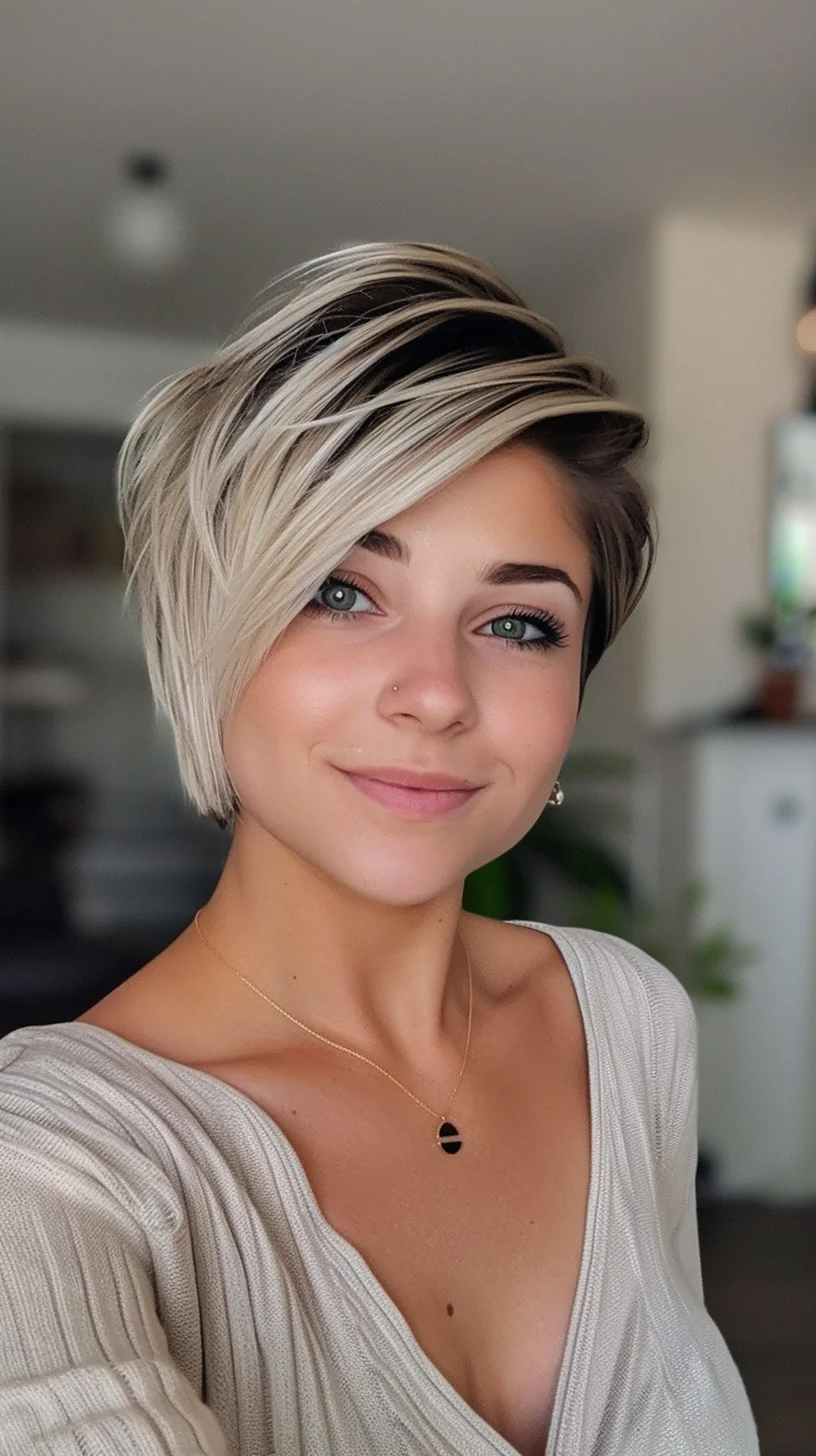 Platinum blonde with dark roots, this angled pixie cut features an asymmetrical style with a longer fringe. The hair is styled in sleek layers, adding a sense of depth and movement. This bold, high-contrast look is perfect for making a striking statement.
