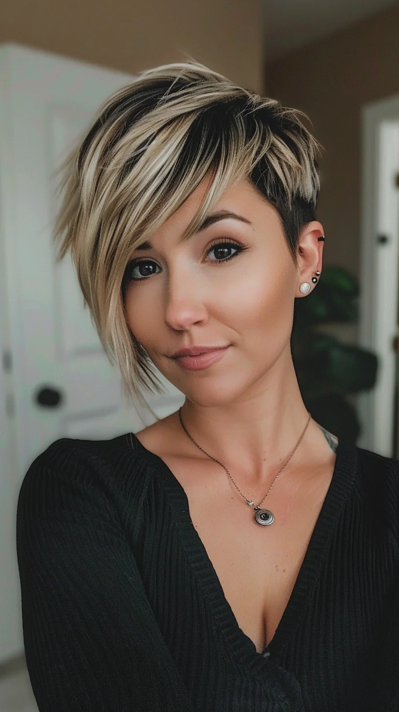 Chic and sophisticated, this angled pixie cut features blonde highlights over a dark base, with a dramatic side-swept fringe. The longer top layers create a voluminous effect, while the shorter back adds a modern touch. Ideal for a polished and contemporary style.