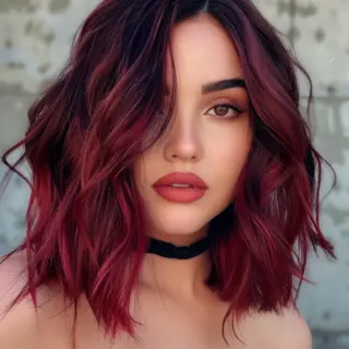 A shoulder-length bob with loose, tousled waves in a striking burgundy hue. The waves give the hair a playful and modern texture, while the deep color adds a touch of drama. This cut is perfect for those wanting a trendy, low-maintenance style that still makes a statement.