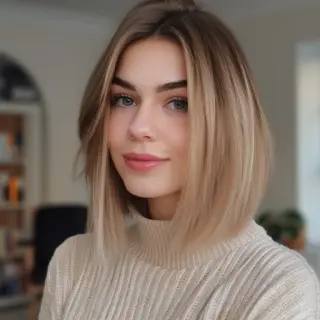 A blunt clavicut with a slight A-line shape that frames the face beautifully. The hair color transitions from darker roots to a soft, sandy blonde, enhancing the clean lines of the cut with subtle dimension.