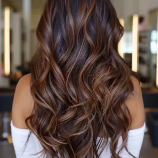 Long, dark brown hair features warm, golden highlights. The cascading waves add volume and movement, creating a dynamic and eye-catching effect. The highlights blend seamlessly, enhancing the hair's natural shine and depth.