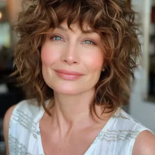 A voluminous, curly bob adds a playful and energetic vibe. The light auburn highlights create a striking contrast with the darker base, enhancing the curls. Full, textured bangs blend seamlessly into the curls, creating a cohesive and lively hairstyle.